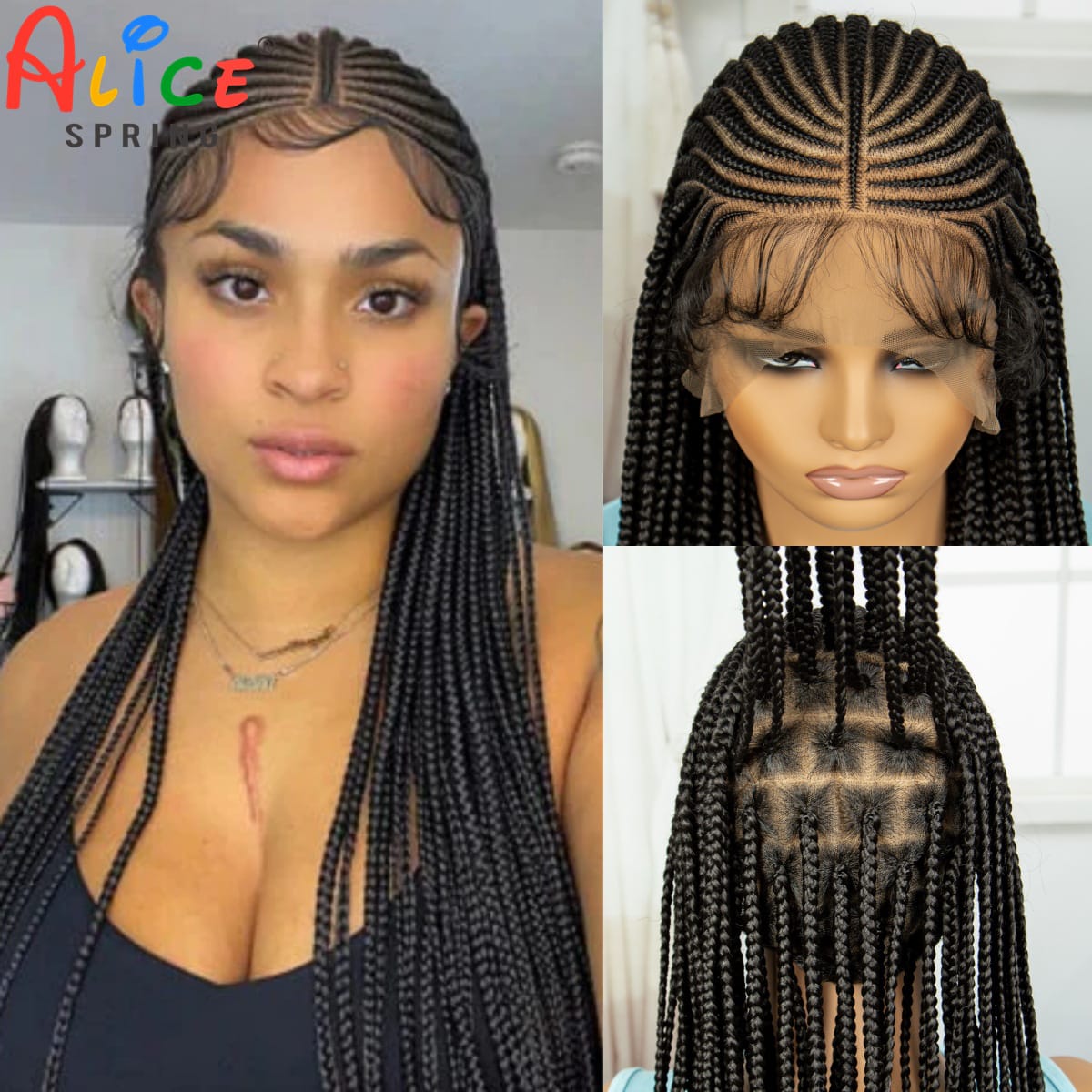 Full Lace Braided Wigs Synthetic Handmade Cornrow Braided Wigs Natural Knotless Braided Lace Wig with Baby Hair For Black Women