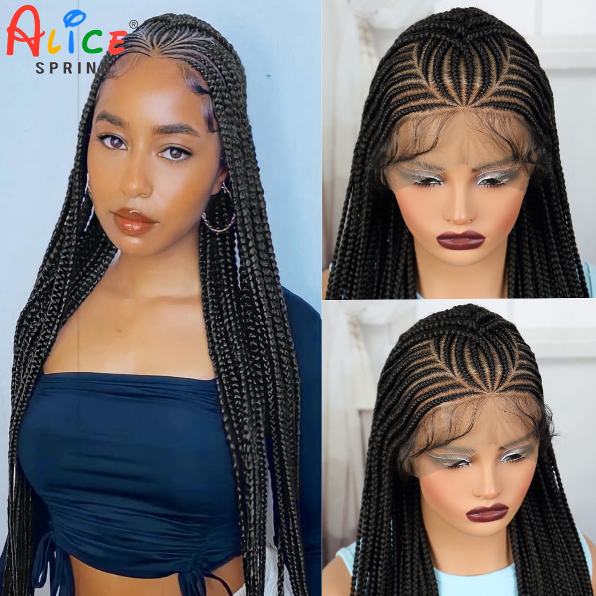Handmade Cornrow Braided Wigs 36inch Full Lace Braided Wigs Synthetic Knotless Braided Lace Wig with Baby Hair For Black Women