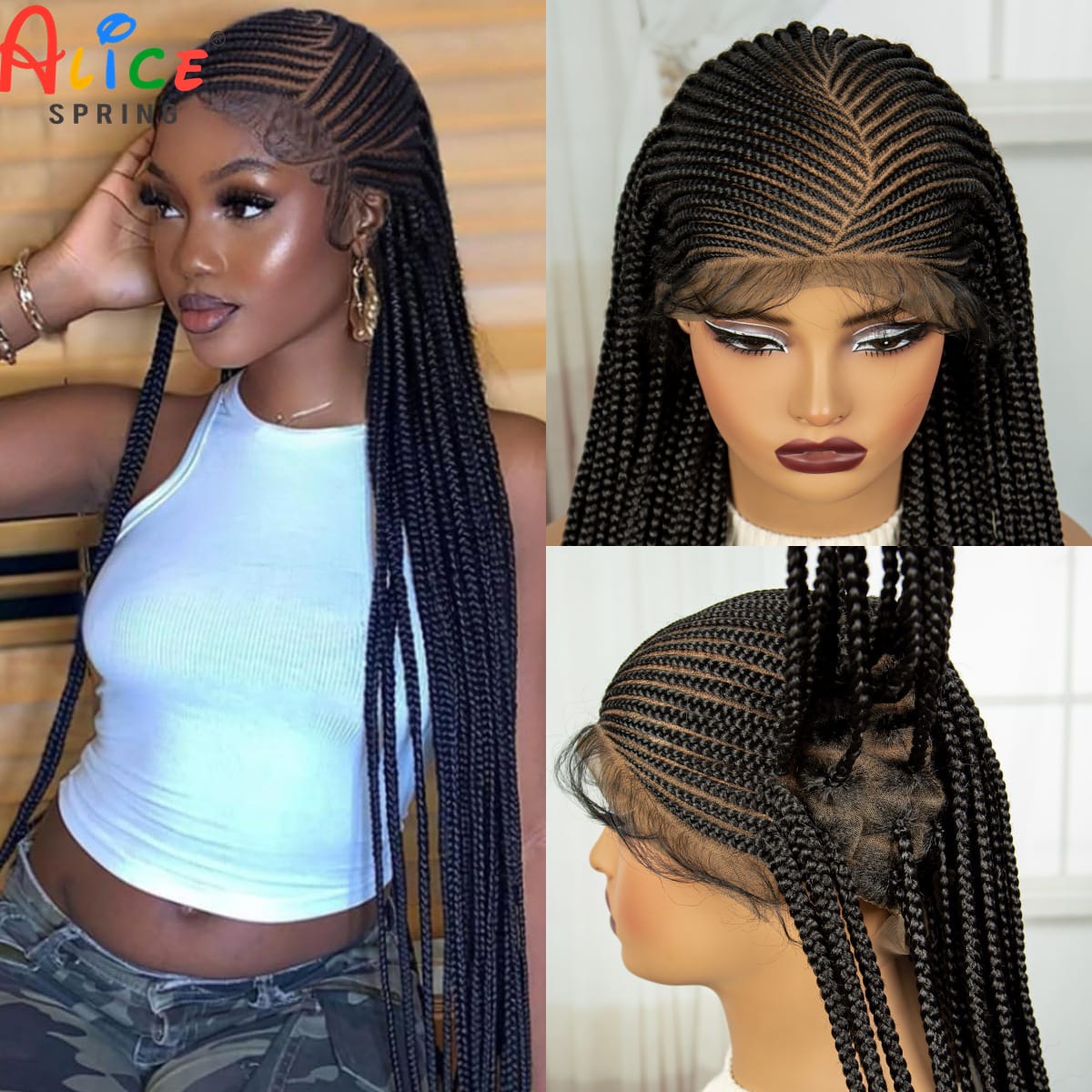 Cornrow Braided Wigs 36Inch Natural Synthetic Knotless Braided Lace Wig Full Lace Braided Wigs with Baby Hair For Black Women