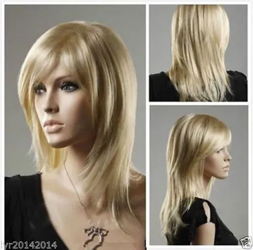 Womens Long Layer Bangs Straight Blonde Natural Hair Cosplay Party Cos wig