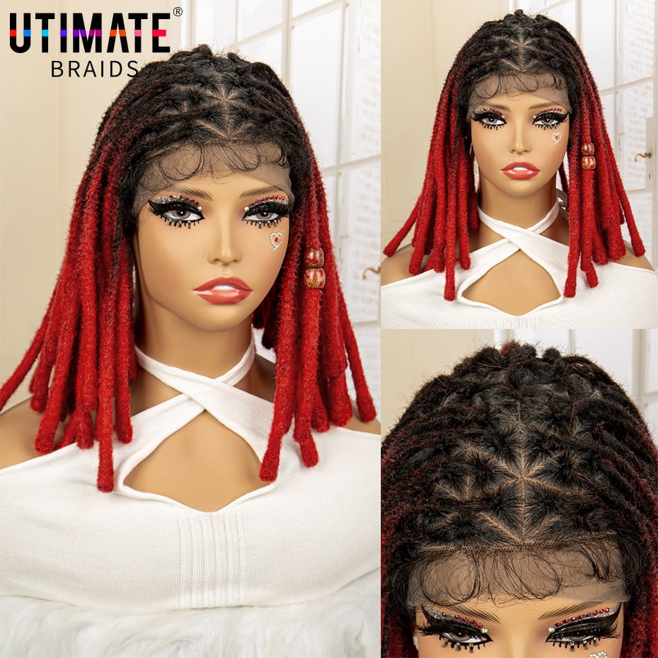 14 Inches Short Bob Colored Synthetic Locs Braided Wig Full Lace Knotless Box Braiding Wig with Baby Hair for Black Women