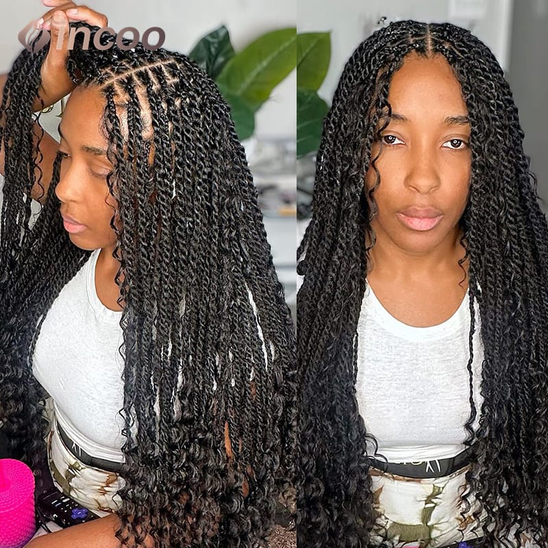 Synthetic Full Lace Front Wigs Twist Boho Box Braided Wigs Curly Hair for Women Goddess Locs Braided Wig Bohemian Box Braid Wig