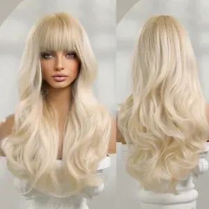 Light Blond Women's Natural Wavy Bang Capless Wig 100% Human Hair Wig 24 Inch