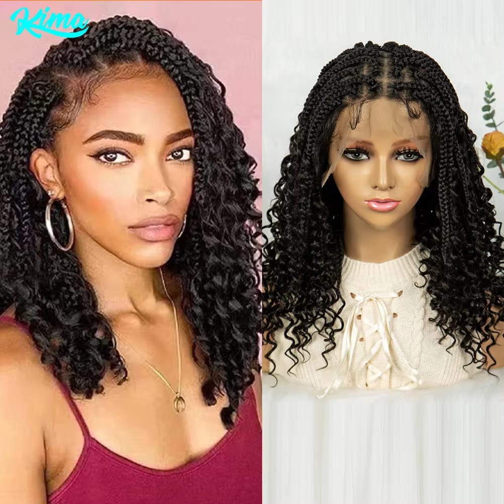 Kima Short Bohemian Box Braided Wigs Boho Braids Wig Synthetic Full Lace Curly Hair with Baby Hair for Black Women