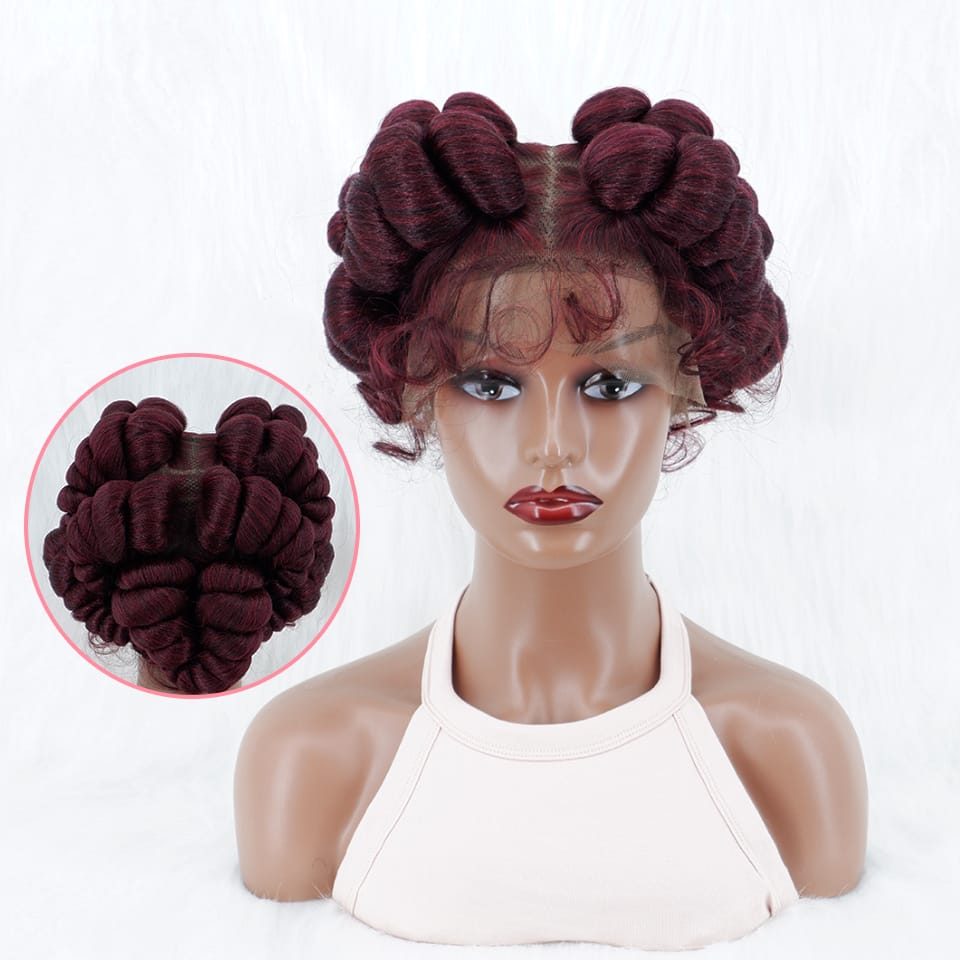 Burgundy Afro Bantu Braided Wigs Synthetic Full Lace Knotless Box Braiding Wig for African Black Women with Baby Hair