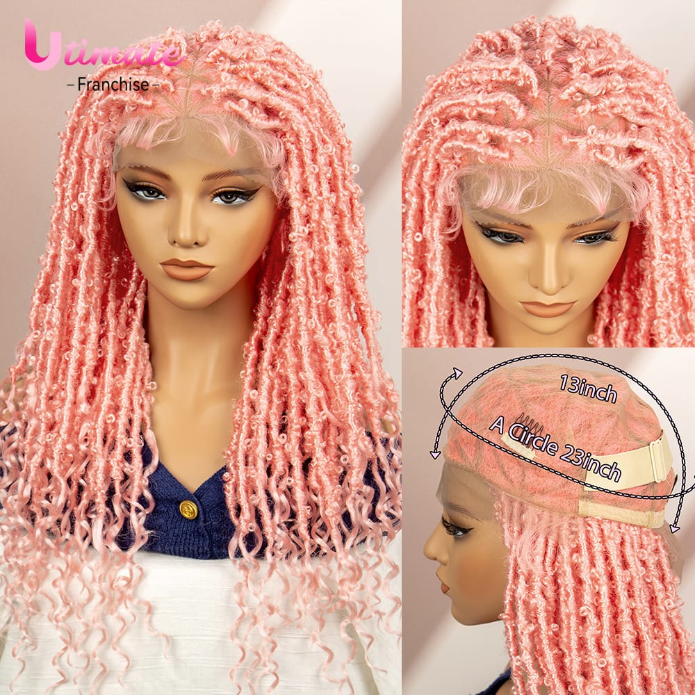 Pink Synthetic Braided Wigs Butterfly Locs Braids Wigs Full lace Braiding Wigs with Baby Hair Lightwight Wigs for Afican Women