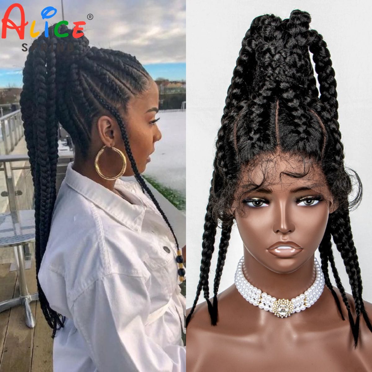 22inches  High Ponytail Braided Wigs Synthetic Lace Frontal Braids Wigs with Baby Hair Cornrow Braided Lace Wigs for Black Women
