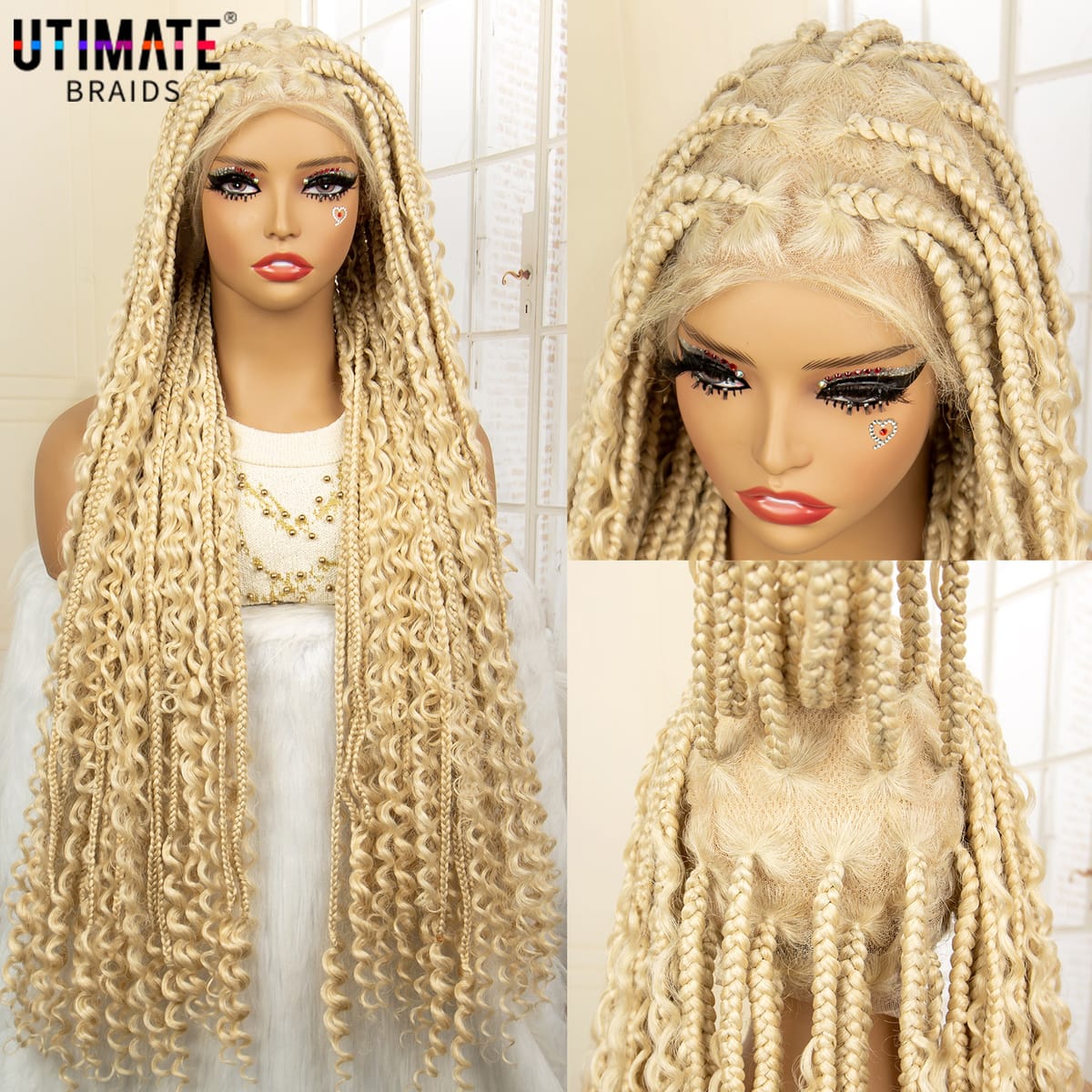 Synthetic Knotless Box Boho Braided Wigs 613# Blonde Full Lace Braids Wig with Baby Hair for Black Women Lace Frontal Wig