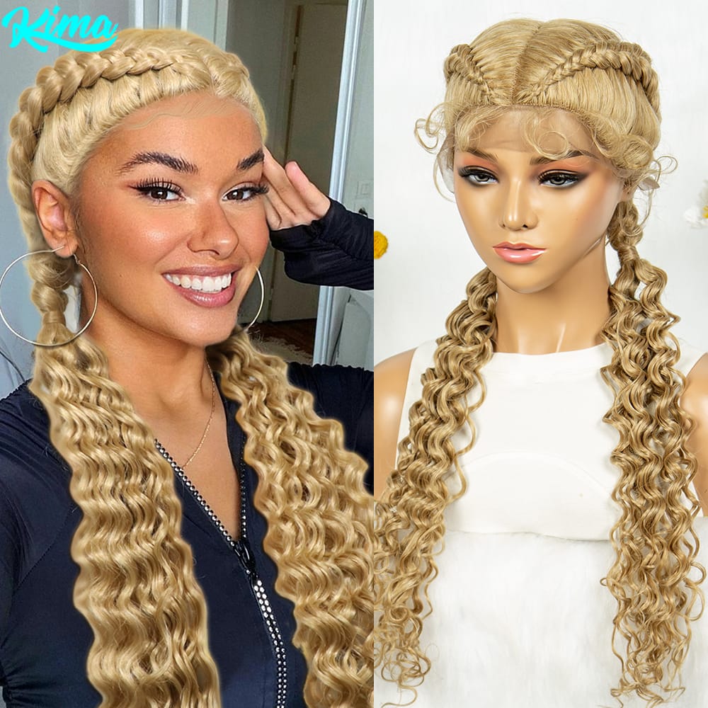 KIMA 27/613# Synthetic Full Lace Cornrow Braided Wigs Blonde Dutch Twins Braided Hair with Curly Ends for Black Women