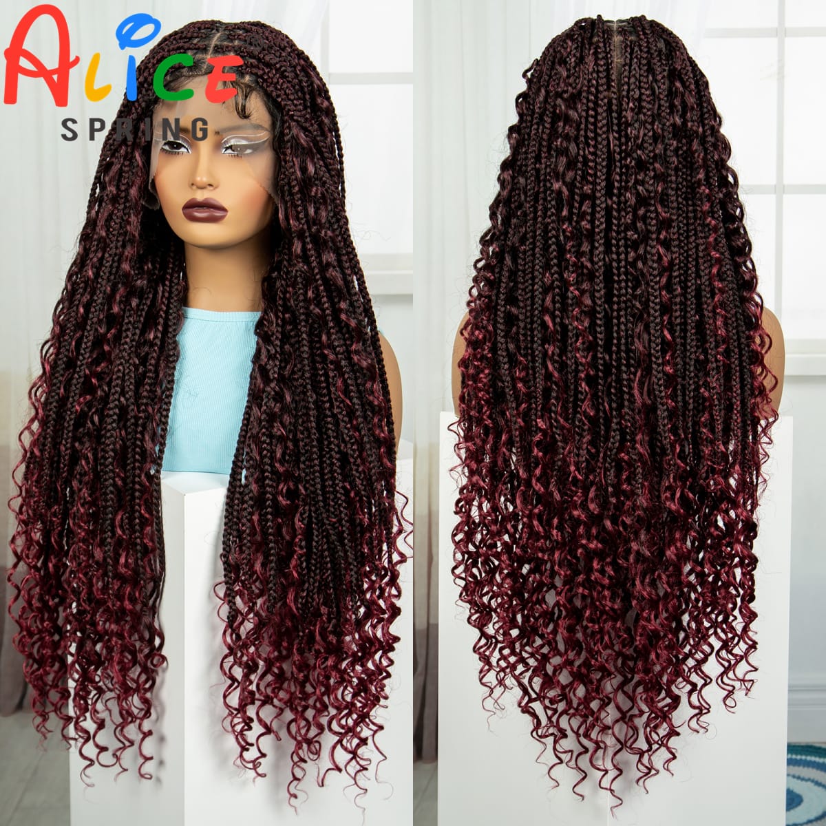Burgundy Full Lace Braided Wig with Curly Ends Synthetic Knotless Box Braided Wigs with Baby Hair for Women Handmade Braided Wig