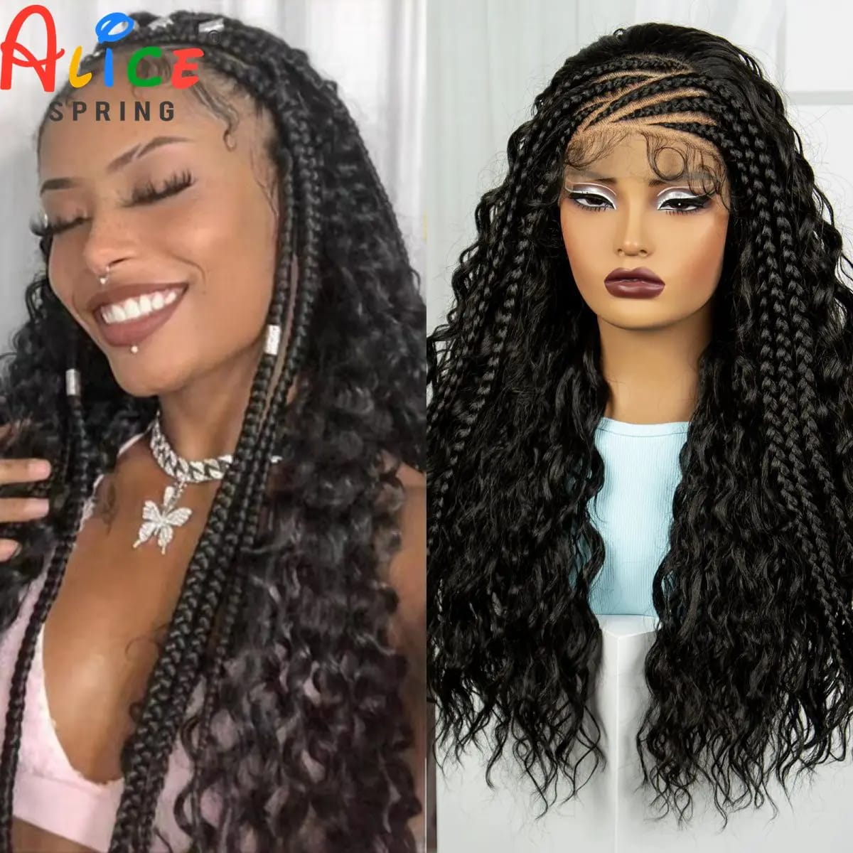 26 Inch Natural Water Wave Synthetic Braided Wigs Lace Braided Wig Curly Knotless Braids Wigs With Baby Hair for Black Woman