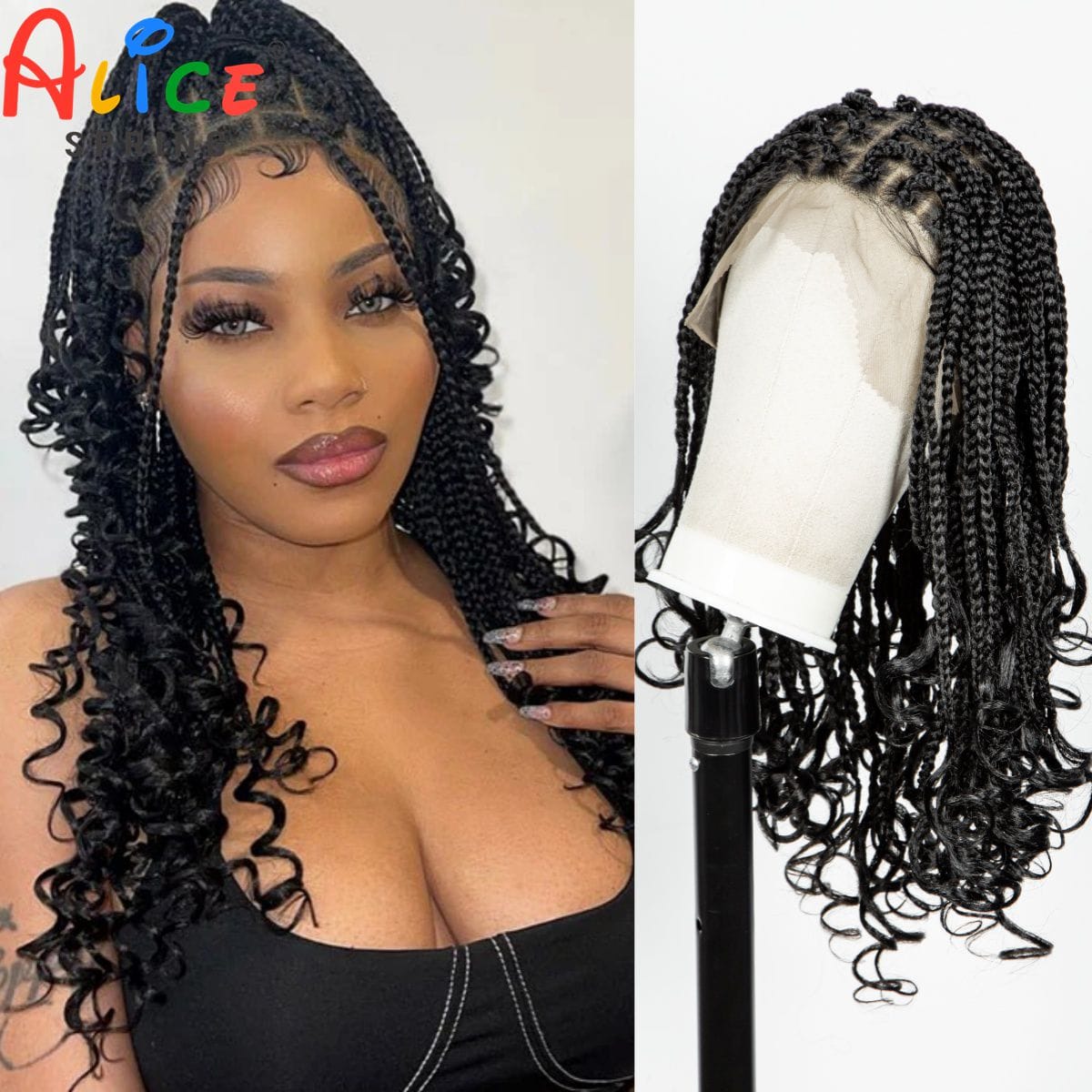 360° Full Lace Braided Wigs Synthetic Knotless Box Braids Wig with Baby Hair Boho Braided Lace Wig with Curly Ends for Women