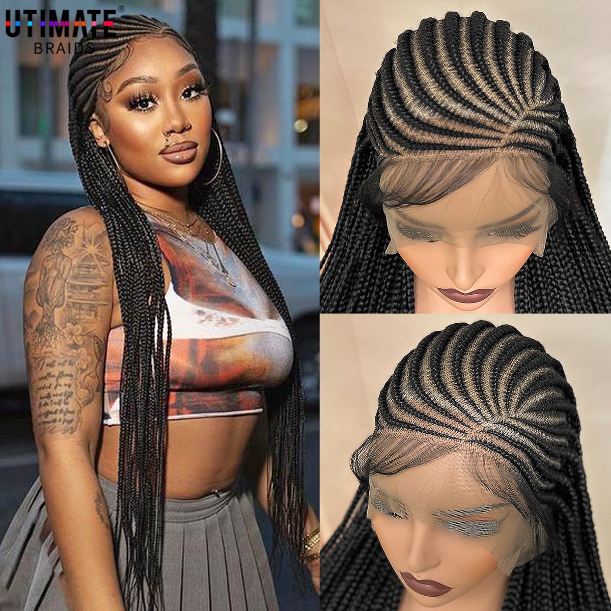 Synthetic 360° Full Lace Cornrow Braided Wigs for Black Women 36 Inches HD Lace Handmade Knotless Box Braided Wig with Baby Hair