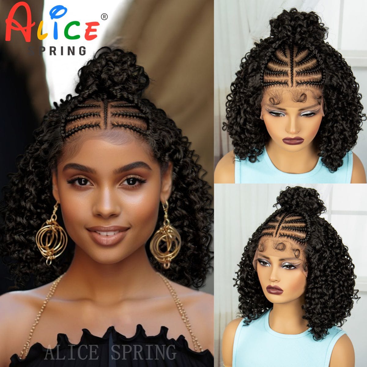 16inch Cornrow Braids Wig Synthetic Afro Kinky Curly Braided Wigs with Baby Hair Lace Front Knotless Braided Wigs for Black Wome