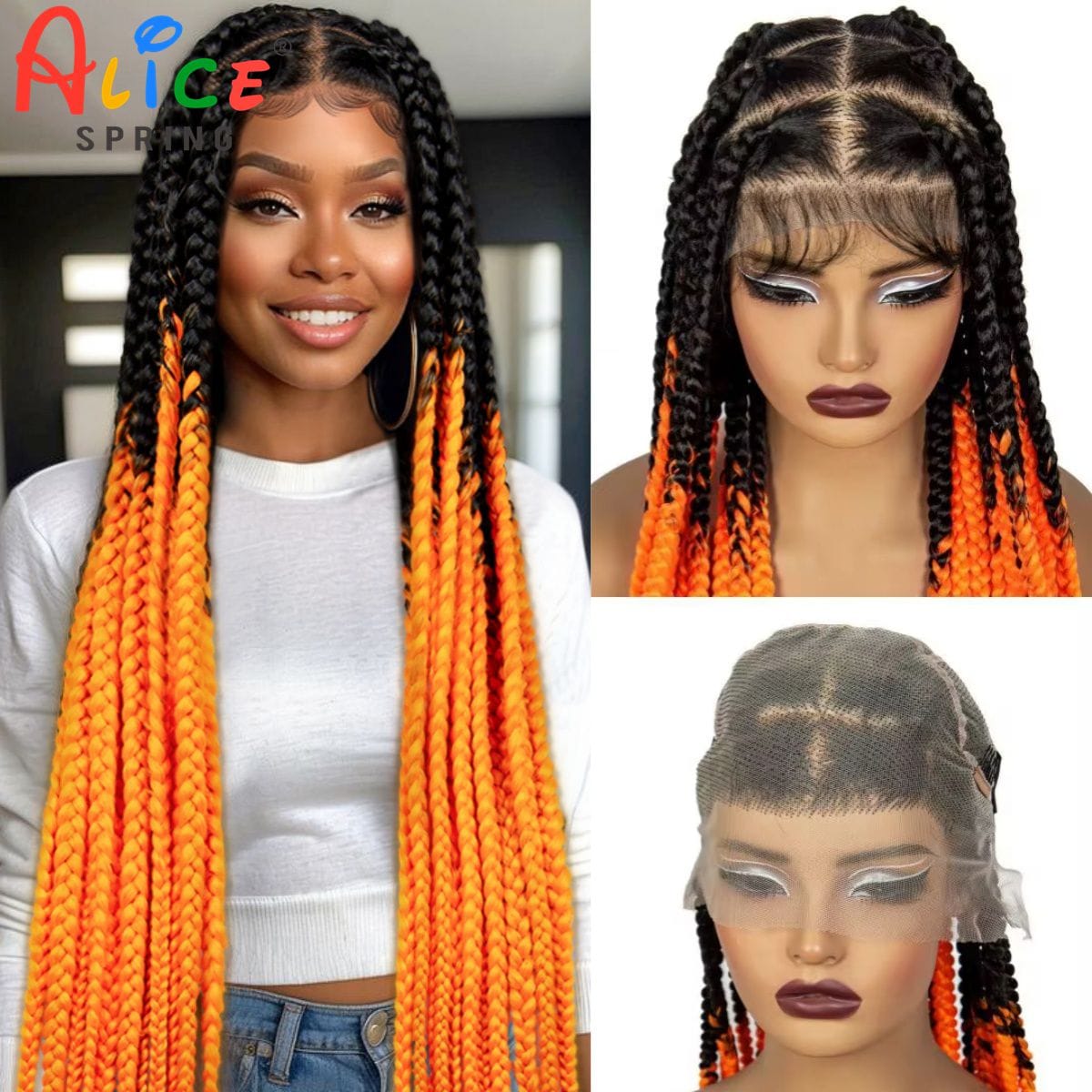 36inch Orange Knotless Box Braided Wigs Synthetic Transparent Full Lace Braids Wig For Women Braided Lace Wig with Baby Hair