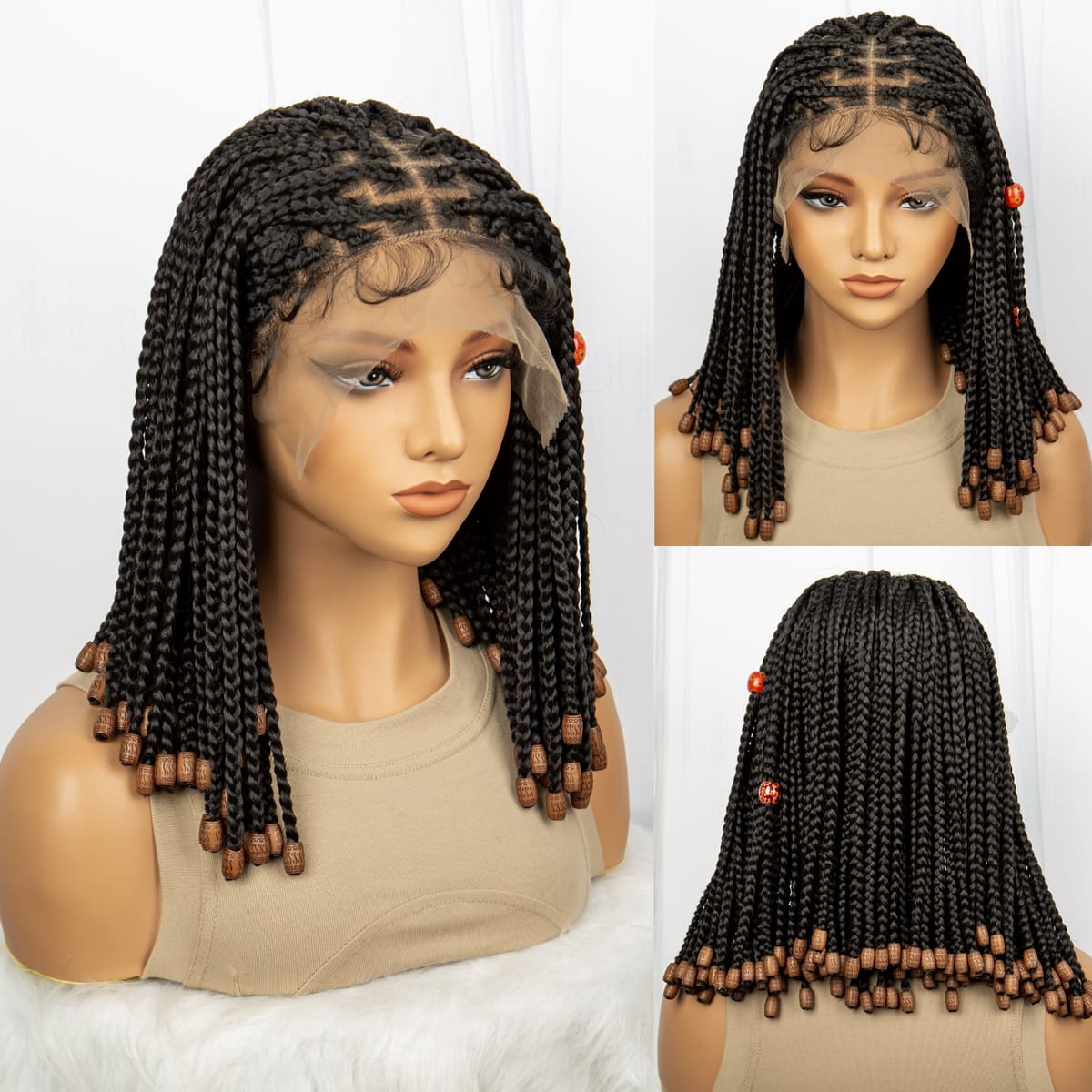 Short Box Braided Wig Knotless Synthetic Braids Wigs with Baby Hair for Women Bob Braids Wigs with Beads Lace Front Braiding WIg