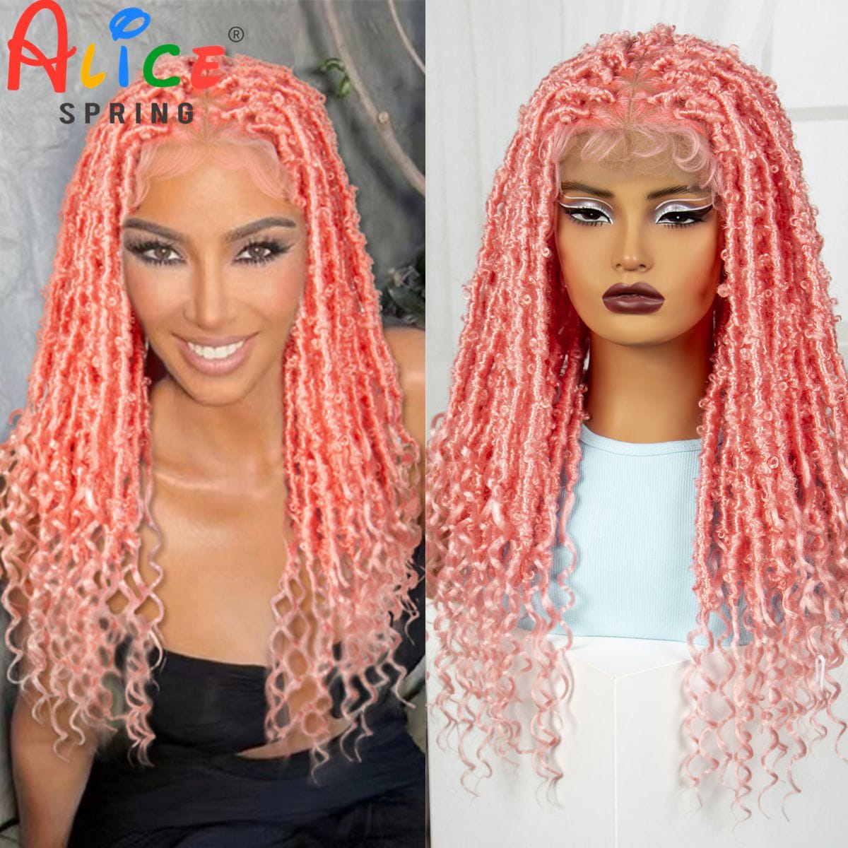 Full Lace Braided Wigs with Curly Ends Synthetic Knotless Box Braided Wigs Pink Color Braids Wig with Baby Hair for Black Women
