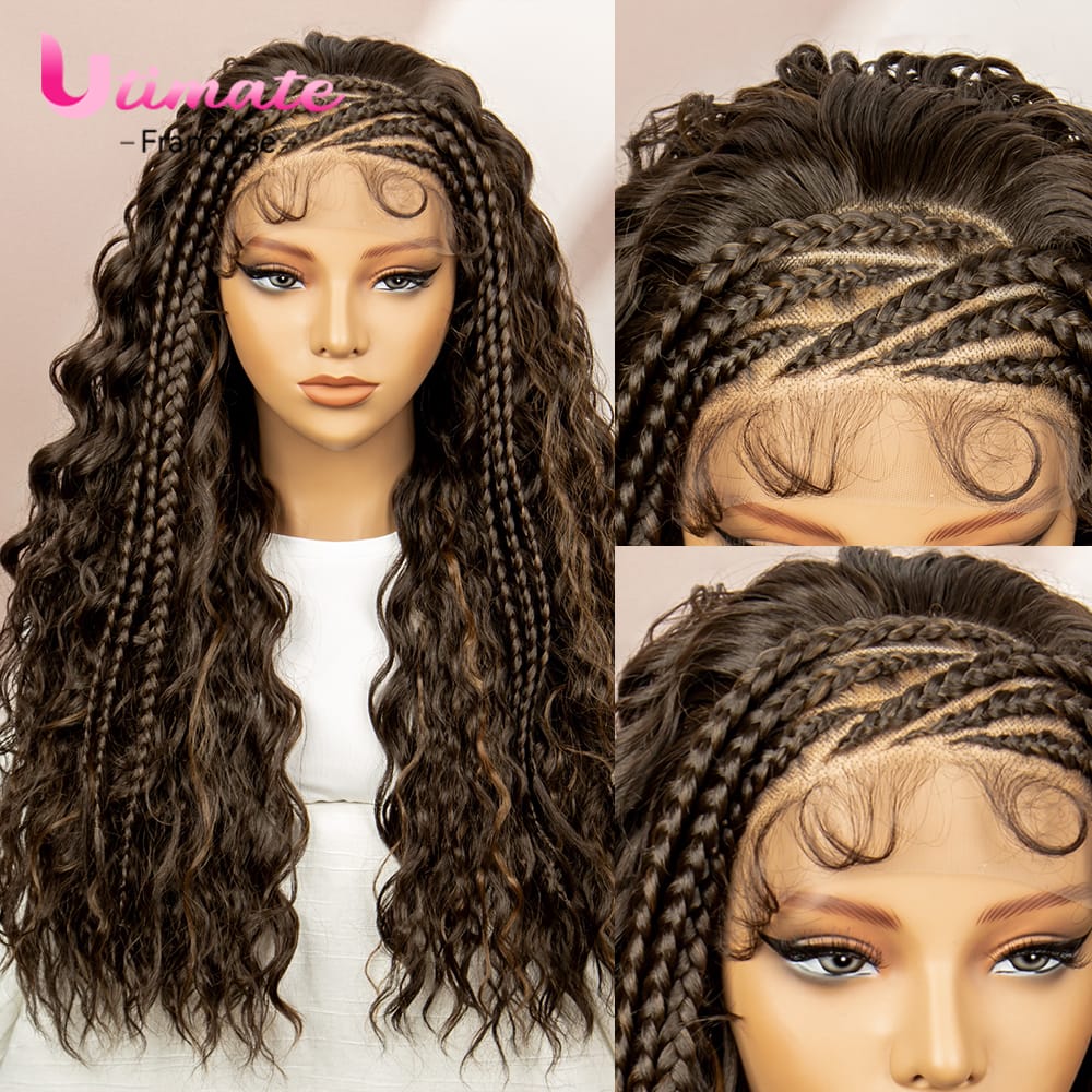 26 Inches Synthetic Lace Front Curly Braided Wigs Cornrow Braided Wig with Baby Hair Boho Braids Burgundy Braiding