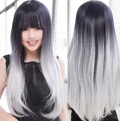 free shipping Women's Black & Silver White Wigs Long Straight Hair Cosplay Anime Full Wig