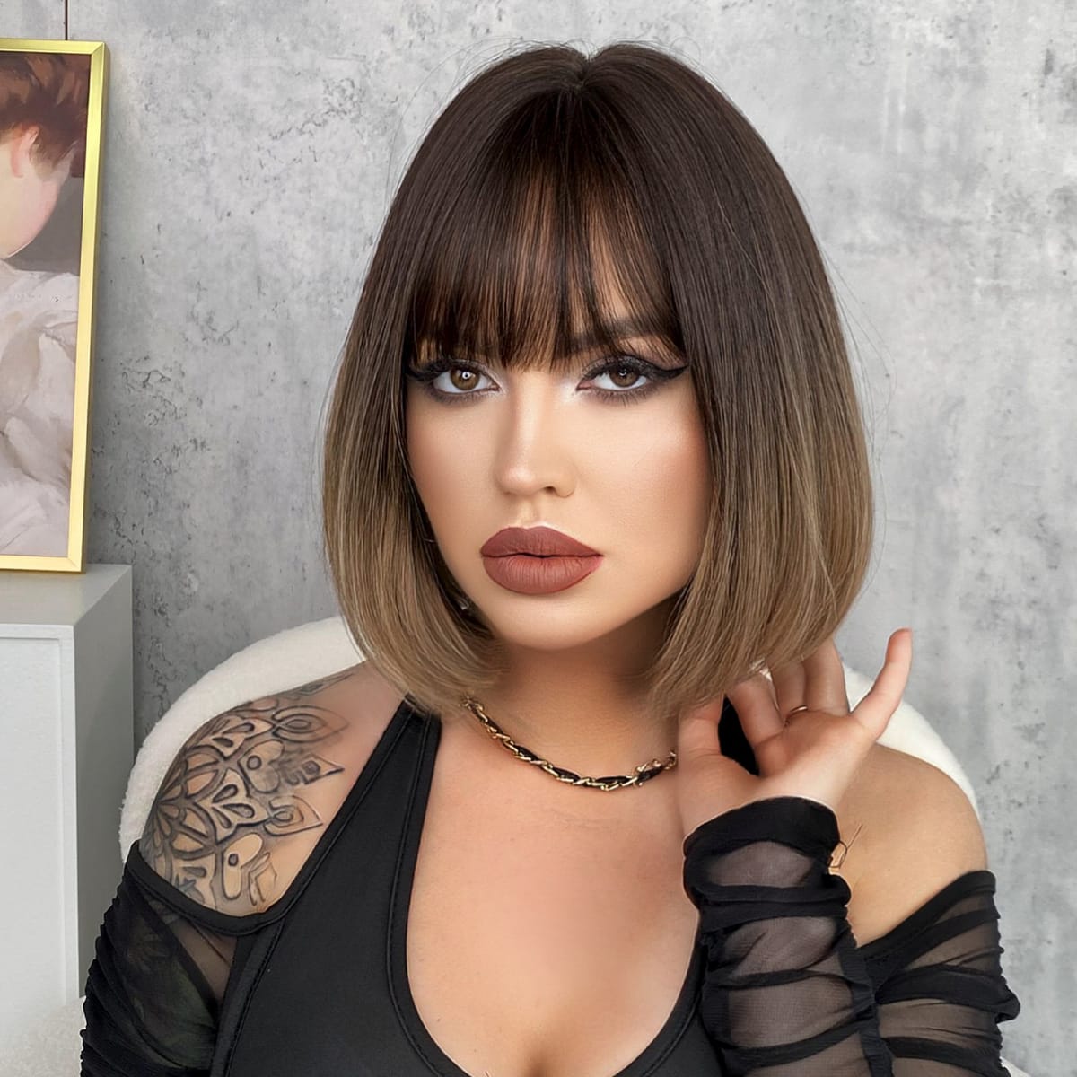 30CM Short Bob Omber 2Color Brown & Blue Gradient Color Cosplay Hair Wig for Halloween Christmas Anime Wigs