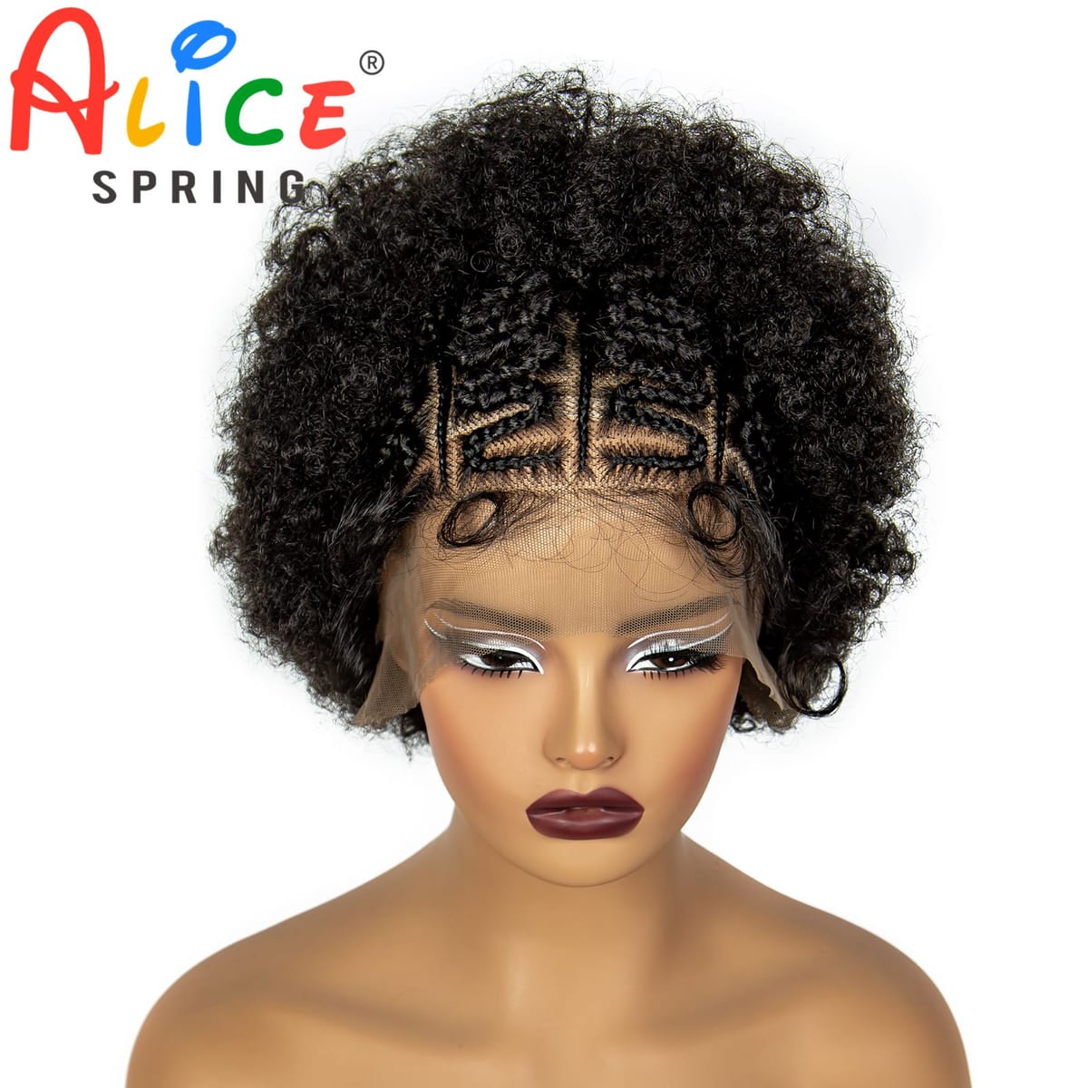 8inch Natural Afro Kinky Curly Synthetic Braided Wigs with Baby Hair 13x6 Transparent Short Bouncy Curly Braids Wig For Wome