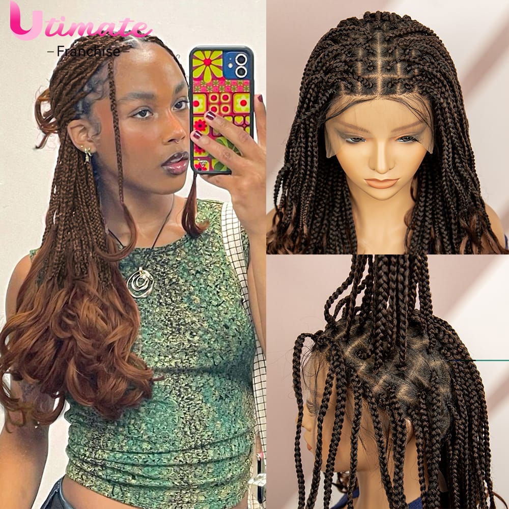 Short Box Braided Wigs for Black Women End Curly French Box Braids Wigs Full Lace Braiding Hair Brown Wigs