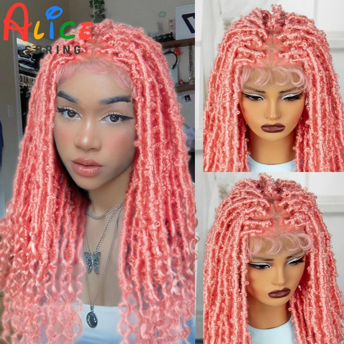 22 Inch Pink Synthetic Braided Wigs Transparent Full Lace Braided Wigs with Curly Ends Knotless Box Braids Wigs with Baby Hair