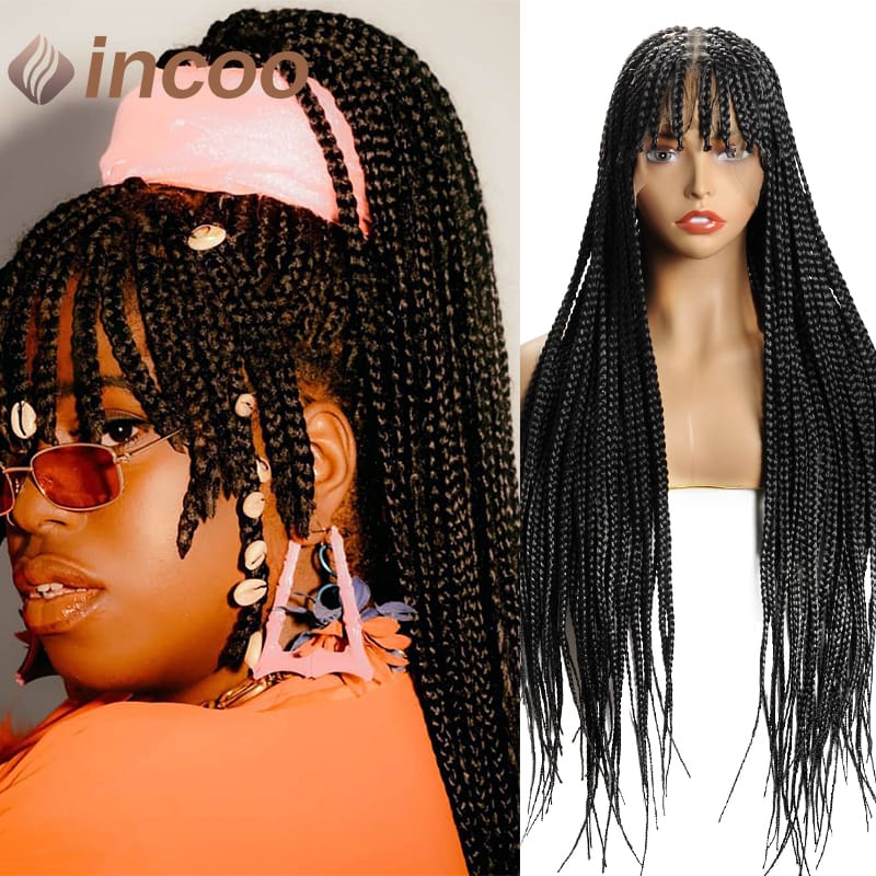 32" Synthetic Full Lace Box Braided Wigs with Bangs Durable Hair Knotless Box Braids Lace Front Wig Braided Wigs For Black Women