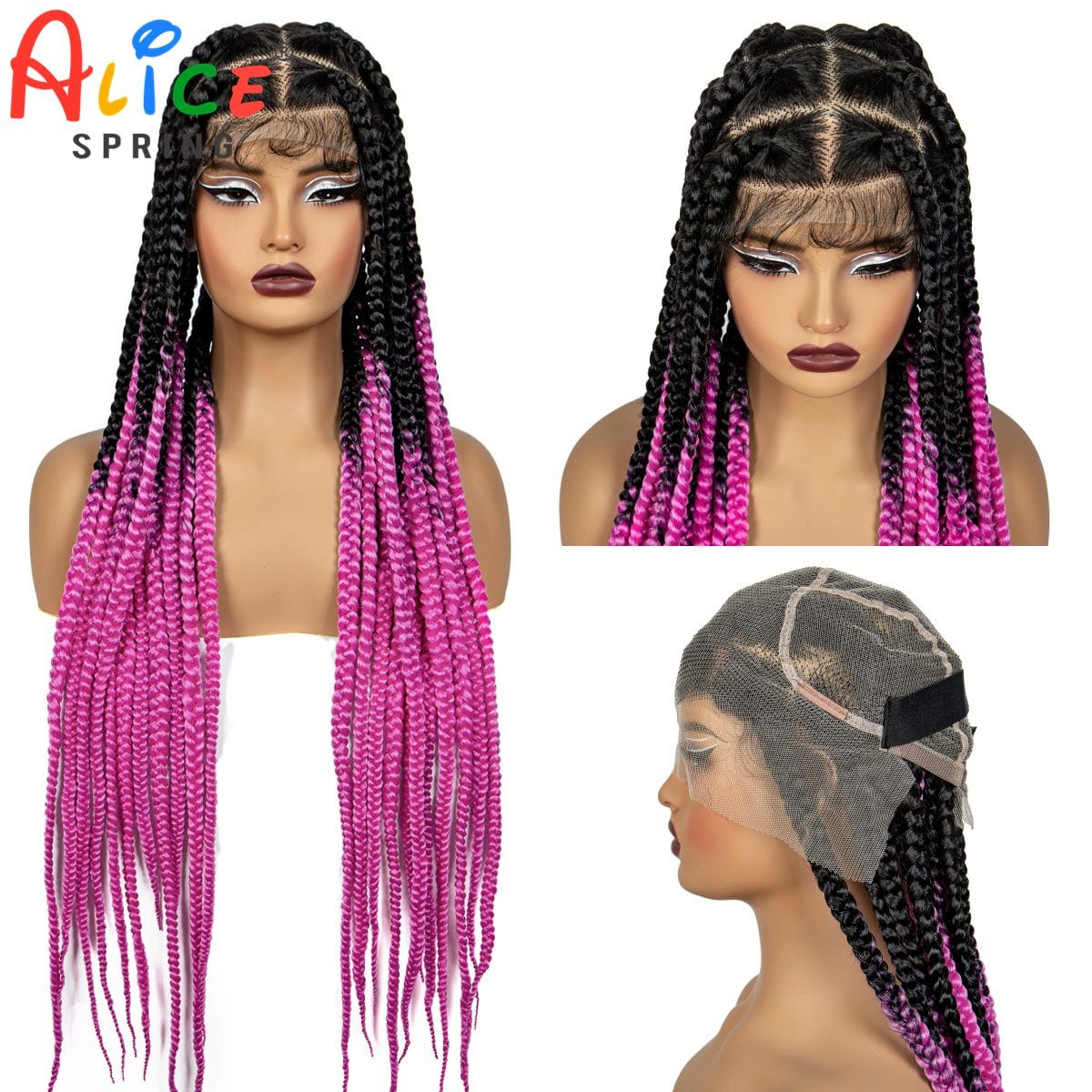 36inch Pink Color Knotless Box Braided Wigs Synthetic Transparent Full Lace Braids Wig For Women Braided Lace Wig with Baby Hair