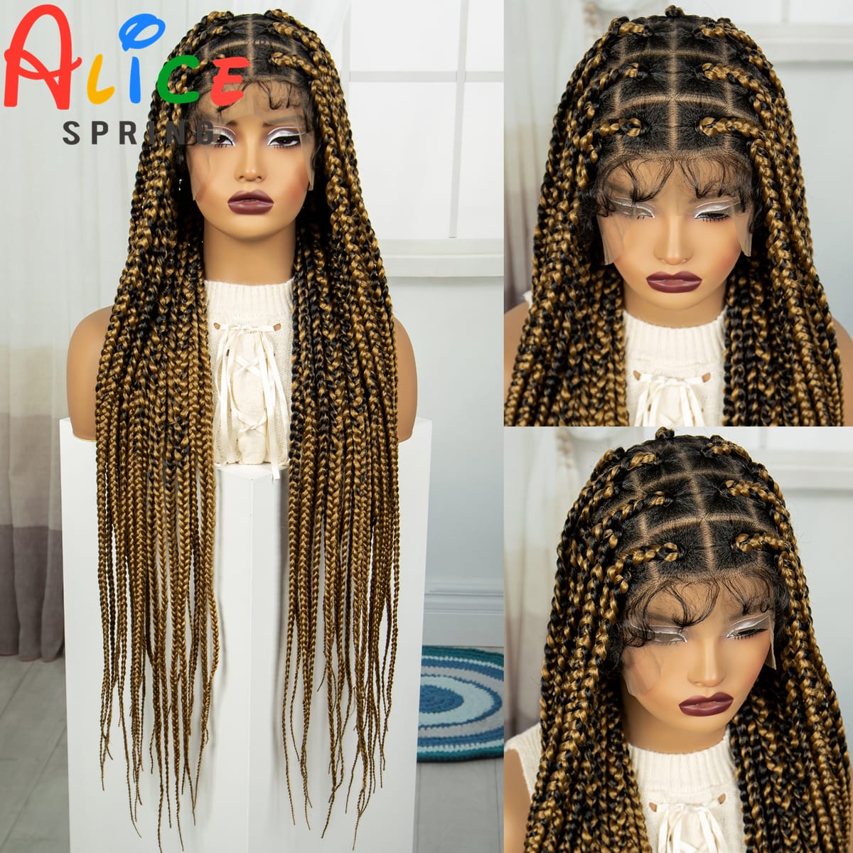 36 Inch Synthetic Braided Wigs Full Lace Straight Knotless Box Braid Wigs with Baby Hair Ombre Lace Front Wigs for Black Women
