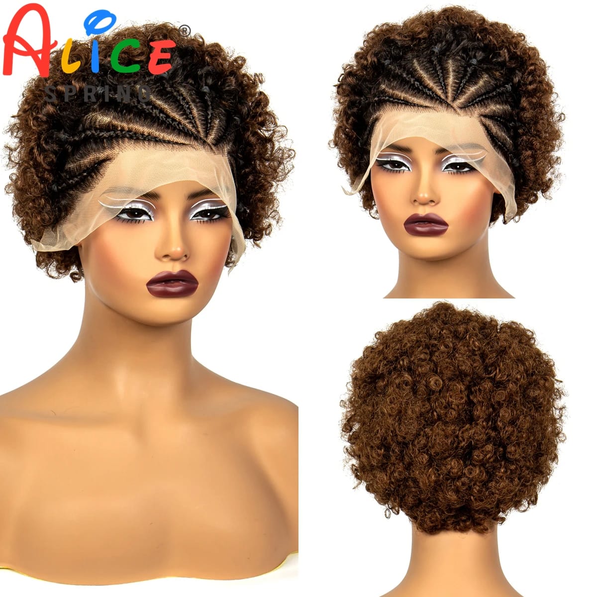 6 Inch Synthetic Hair Wigs 1BT4 Color 13x4 Lace Frontal Short Braided Wigs Afro Kinky Curly Cornrow Braids Wigs for Black Women