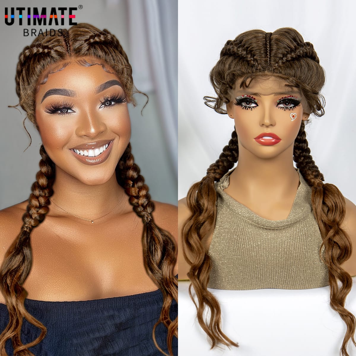 32 inch Synthetic Braided Wigs for Women Lace Front Dutch Braids Wig with Baby Hair Cornrow Box Braided Wig with Curls Ends