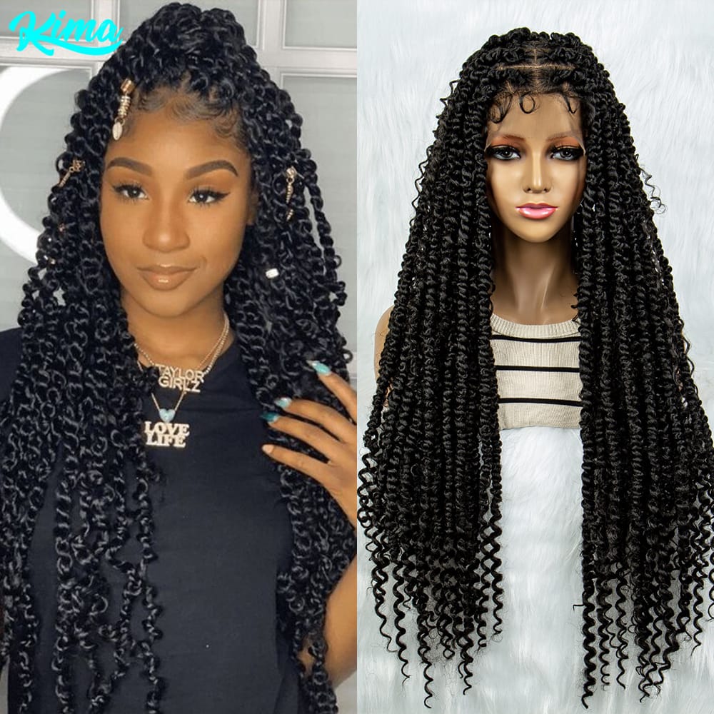 Box Braided Wig Full Lace Medium Brown Lace Synthetic Twist Braids Faux Locs Knotless Braiding Curly Wigs With Baby Hair