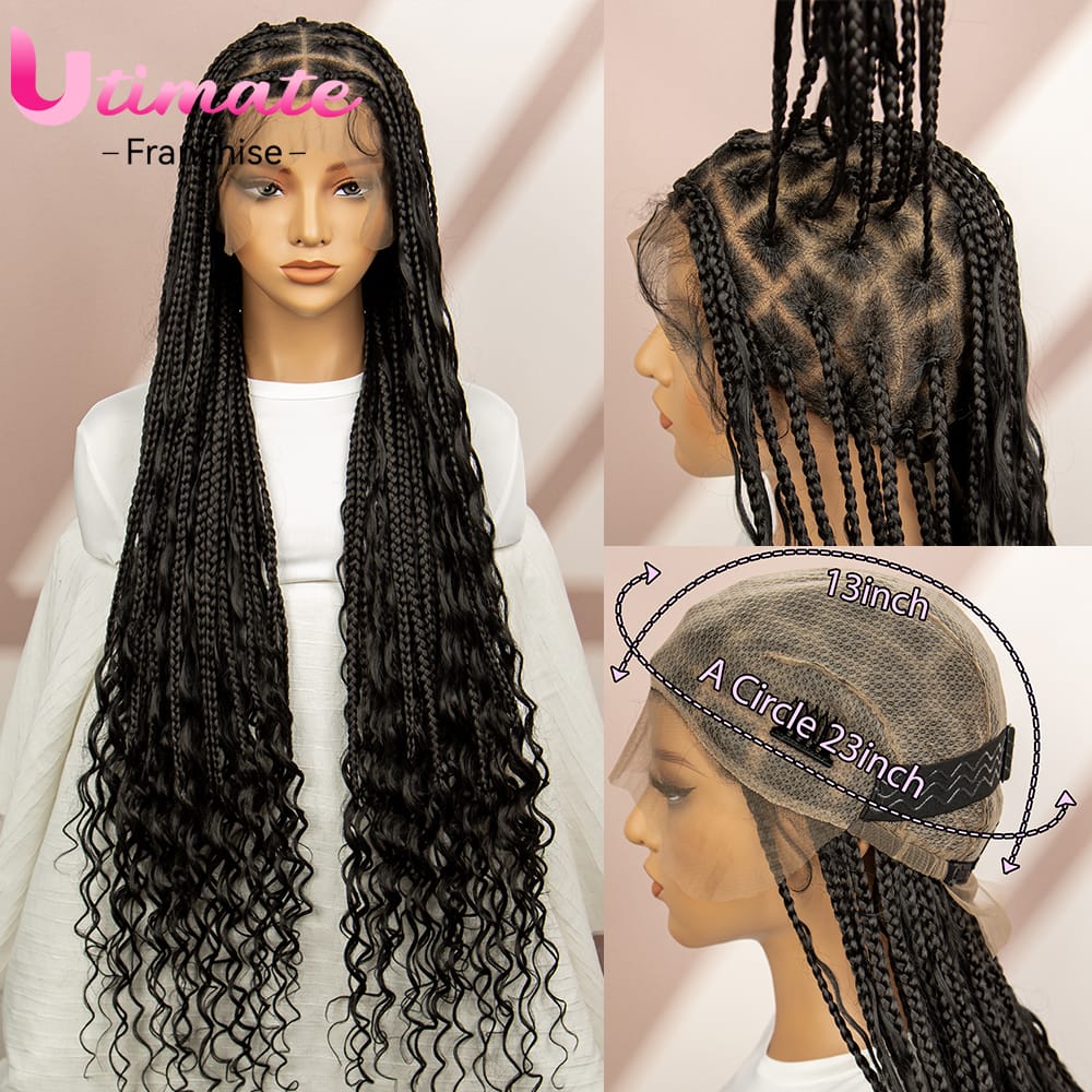 38 Inches Long Boho Braided Wigs for Black Women Full Lace Curly Knotless Box Braided Wigs with Baby Hair