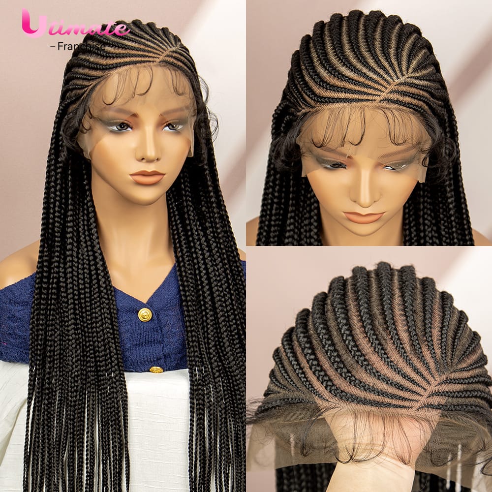 36-Inch Synthetic Cornrow Braided Wigs Natural Look Full Lace Synthetic Braided Wigs for Black Women with Baby Hair