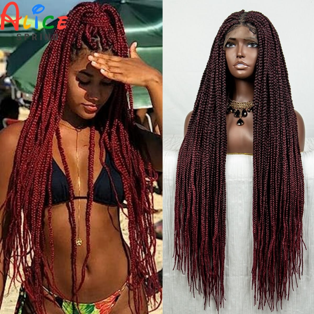 Full Lace Braided Wigs Straight 99J Synthetic Knotless Box Crochet Braids Hair Wig for Black Women Pre Plucked with Baby Hair