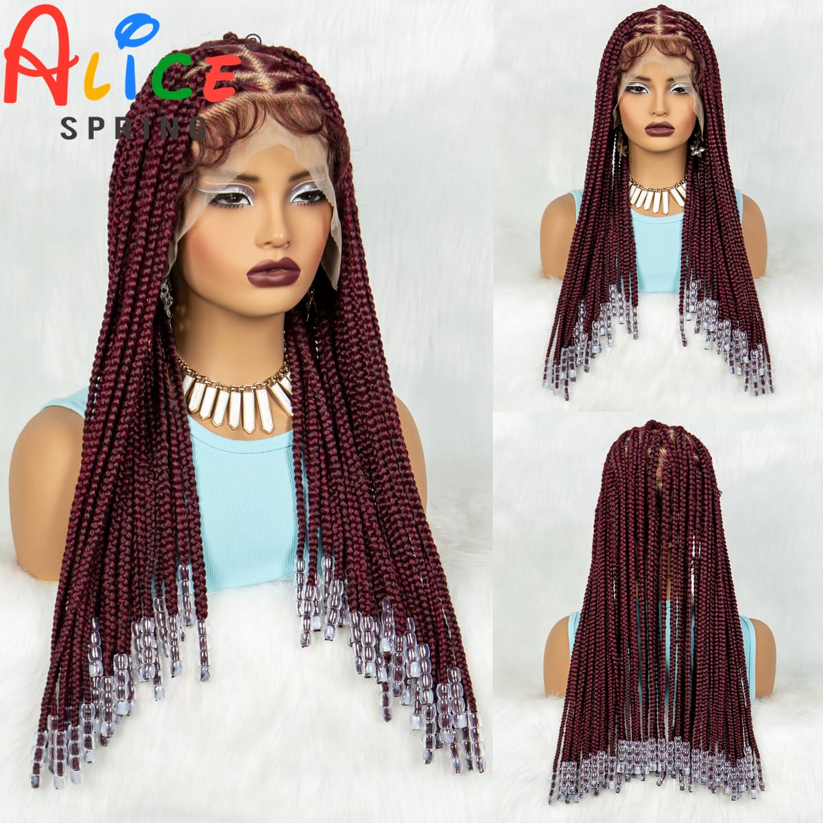 Bungundy Braided Wigs with Beads Synthetic Full Lace Braided Wigs  for Women Knotless Cornrow Twist Braids Wigs with Baby Hair
