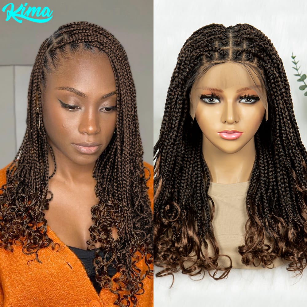 Kima Goddess Box Braided Wigs Transparent Full Lace Braided Wig French Curly Ends with Baby Hair Braided Wigs for African Women