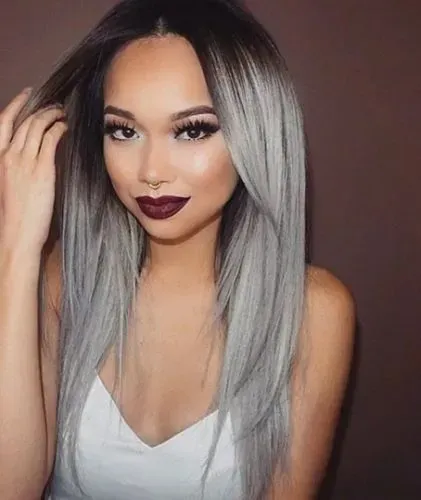 free shipping Ladies Two Tone Grey Ombre Black & Gray Straight Heat Resistant Fiber Synthetic Hair Wigs