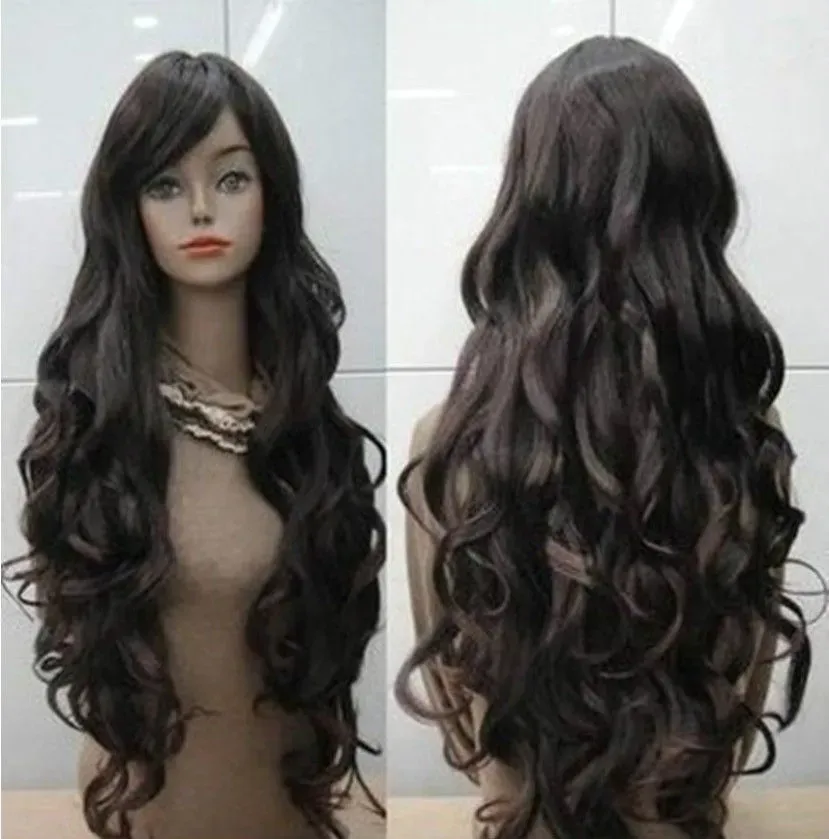free shipping Fashion Long Dark Brown Curly Cosplay Women's Full Hair Wigs