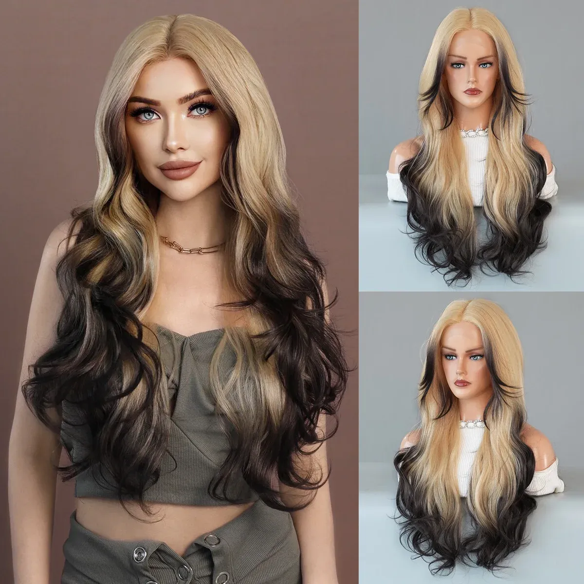 28" Long Ombre mix Blonde Brown Body Wavy Part Hair Wigs