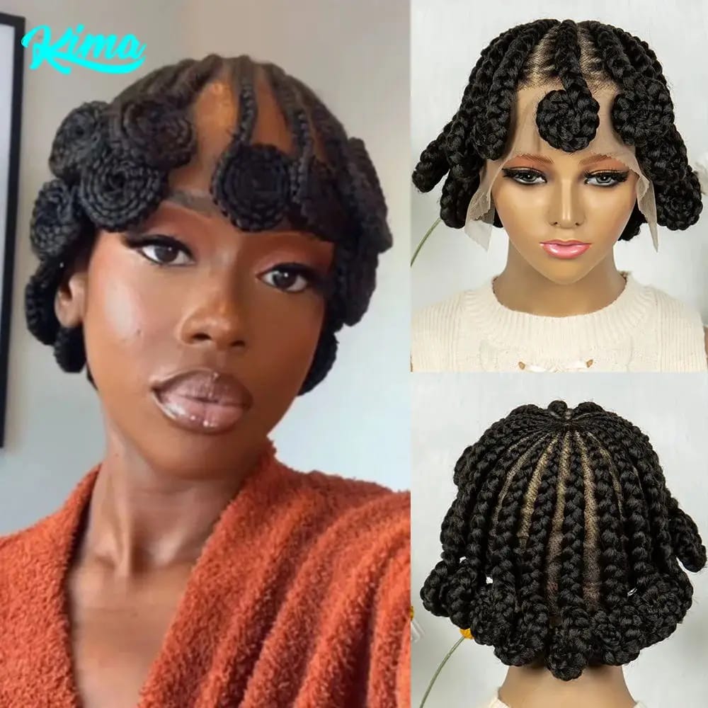 Kima Koroba Braided Wigs Synthetic Full Lace Wig Bantu Cornrow Braiding Style with Baby Hair for Afro Women