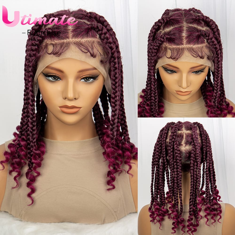 Synthetic Box Braided Wigs for Black Women Full Lace Braided Wigs with Baby Hair Short Knotless Wigs 10 Inch Burgundy Wigs