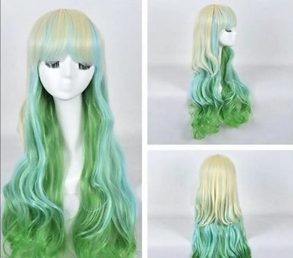 free shipping hot Lolita Harajuku Blonde green gradient 70cm long curly hair COSPLAY Party wigs