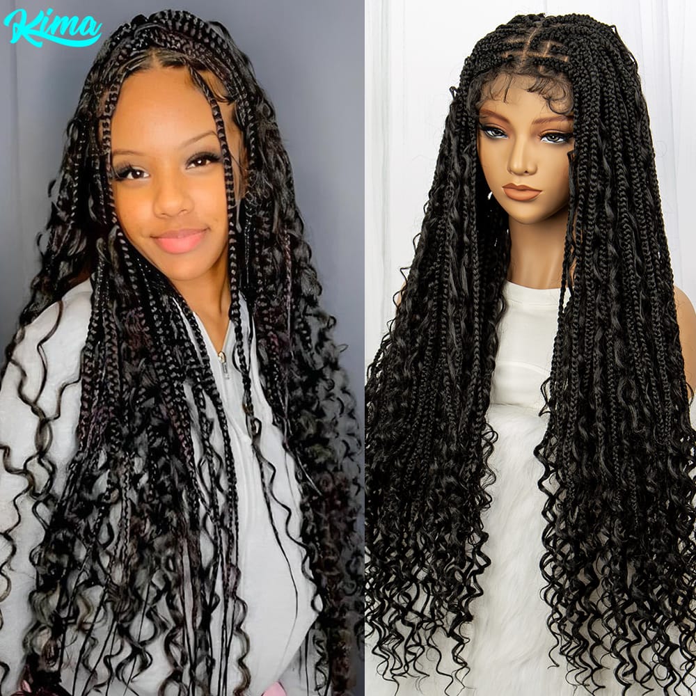 KIMA Full Lace Boho Braided Wigs Bohemian Box Braids Synthetic Lace Front Wig Knotless Goddess Locs Wigs Hair with Curly Ends