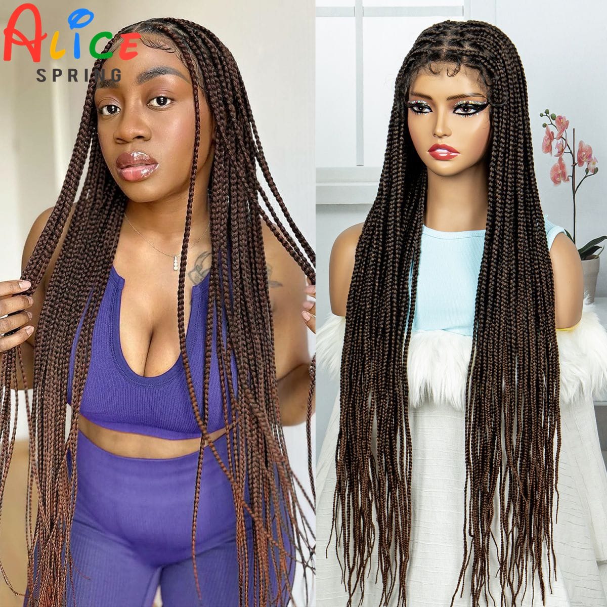 Ombre Knotless Box Braided Wig 36 Inch Synthetic Full Lace Braided Lace Wig with Baby Hair Lace Front Braids Wig for Black Women