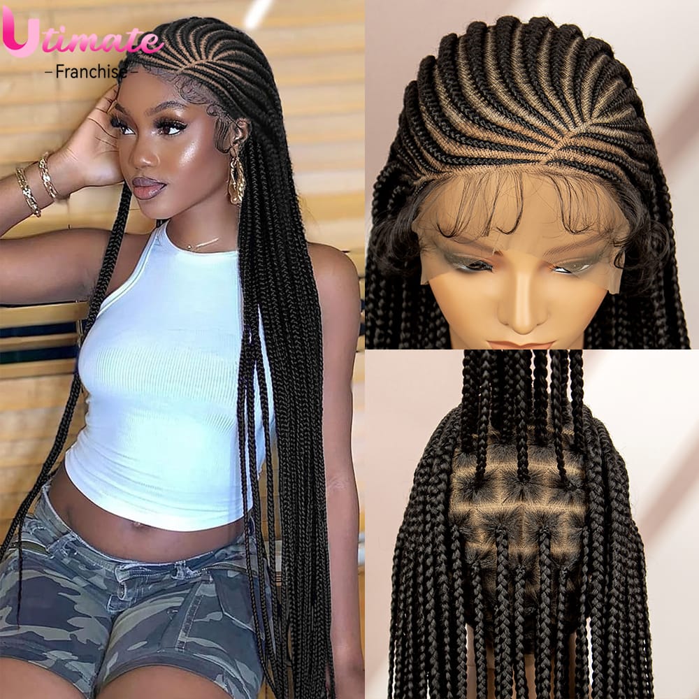 Natural Color Synthetic Full Lace Cornrow Braided Wigs with Baby Hair Box Braids Wigs Lace Wigs for Women Daily Use