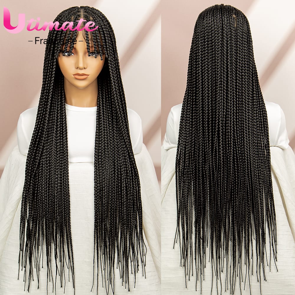 34 Inches Synthetic Box Braided  Wigs Full Lace for Black Women with Baby Hair Braiding Hair with Braids Bangs