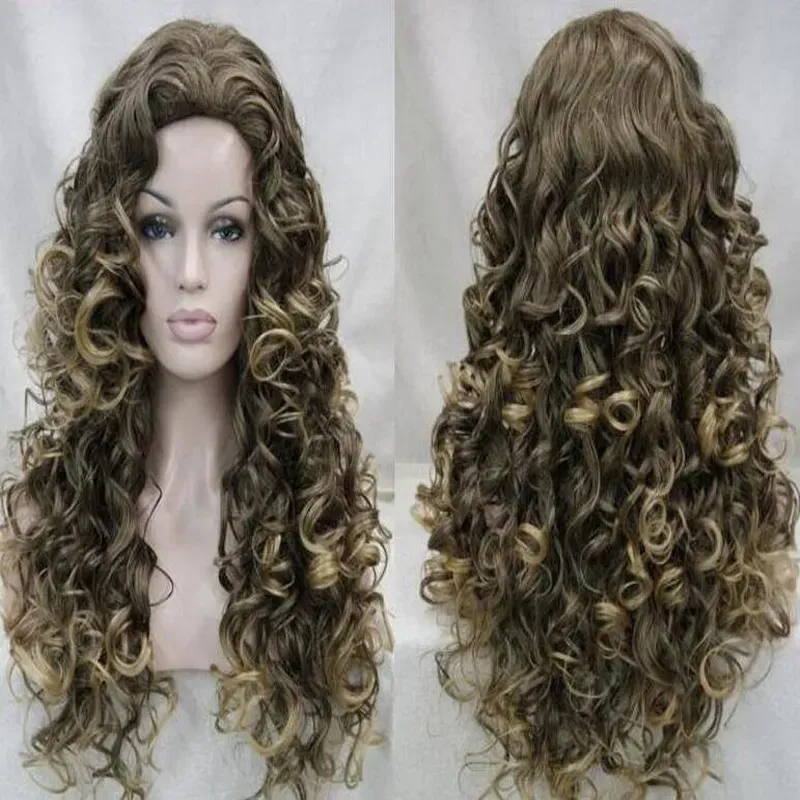 Popular Long Mixed Brown Wavy Curly Ladies Cosplay Hair Wigs