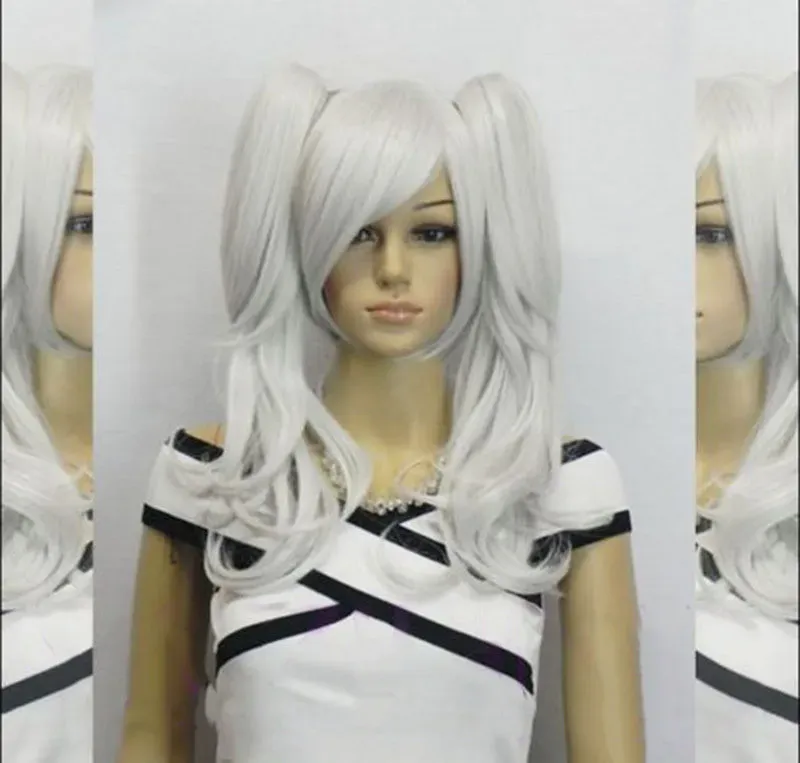 free shipping Women cosplay Long straight wavy silver white two clip-on ponytail hair full wig